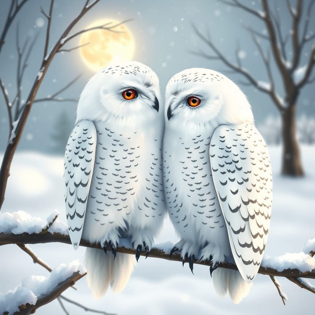 Snowy Owl Couple in Whimsical Winter Wonderland