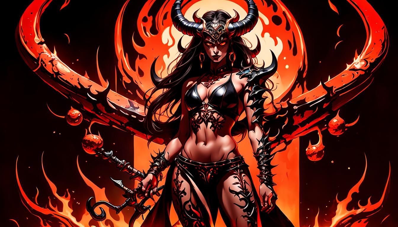 Fierce Demon Woman with Horns in Dark Fantasy Style