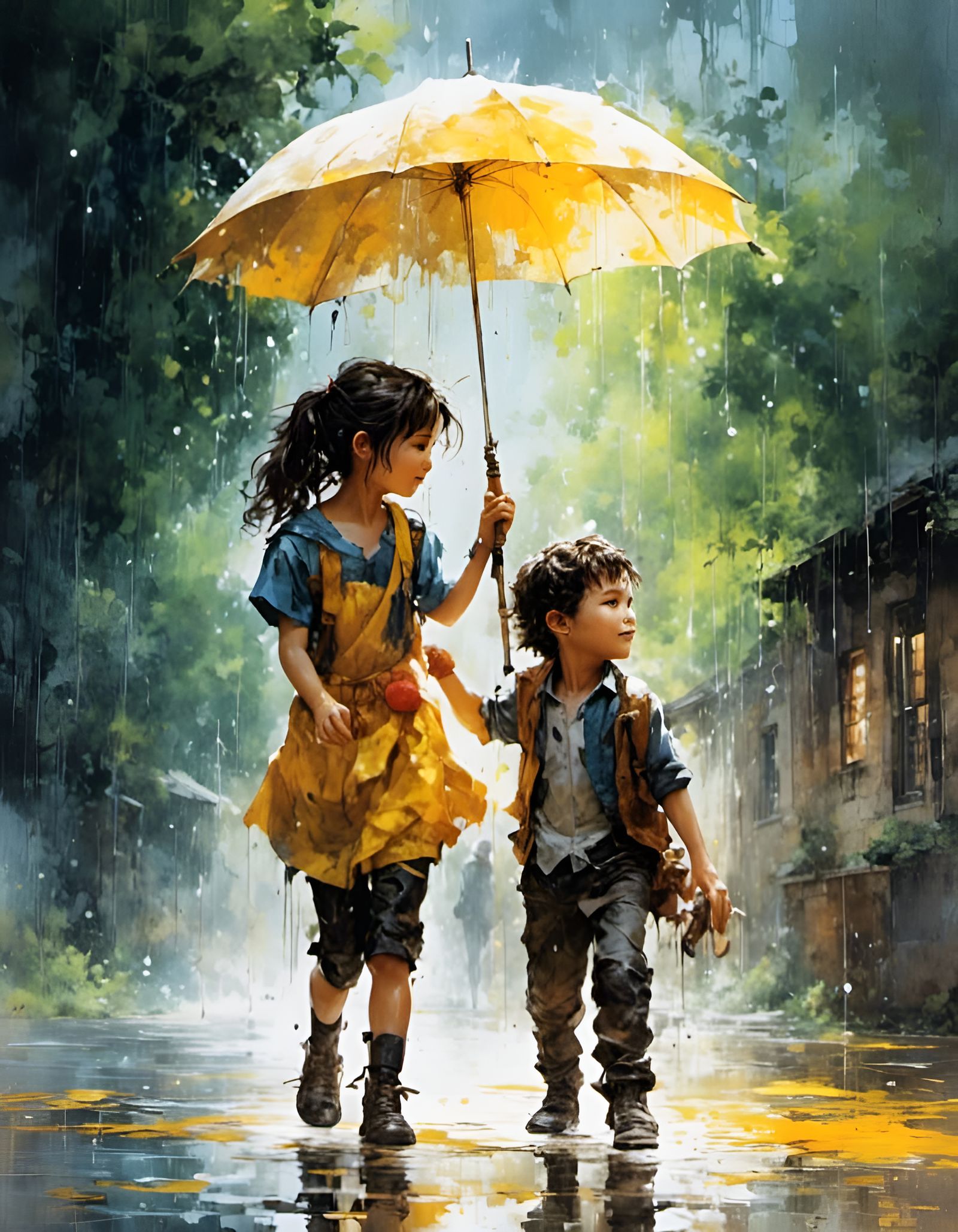 Boy and Girl in Rainy Sunlight: Ink Portrait