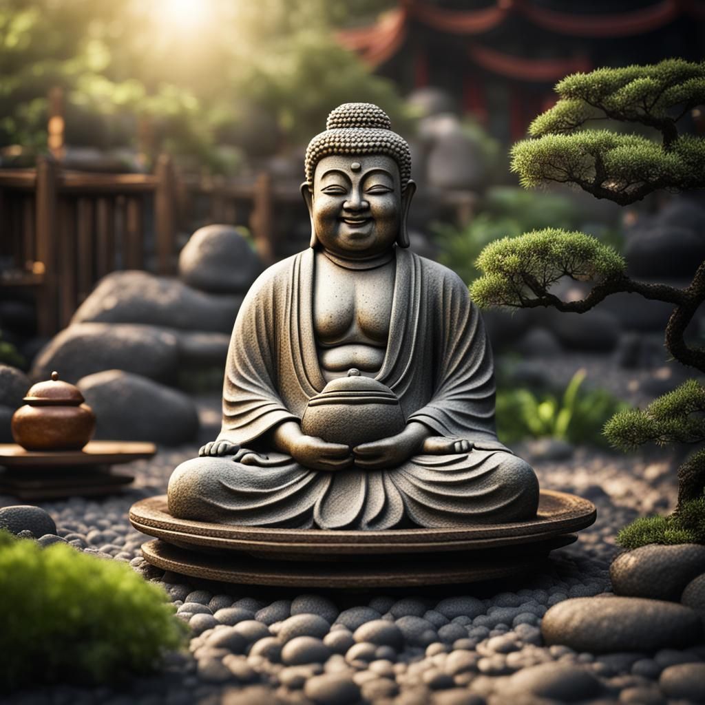 Happy Buddha in Zen Garden: Realistic Photo