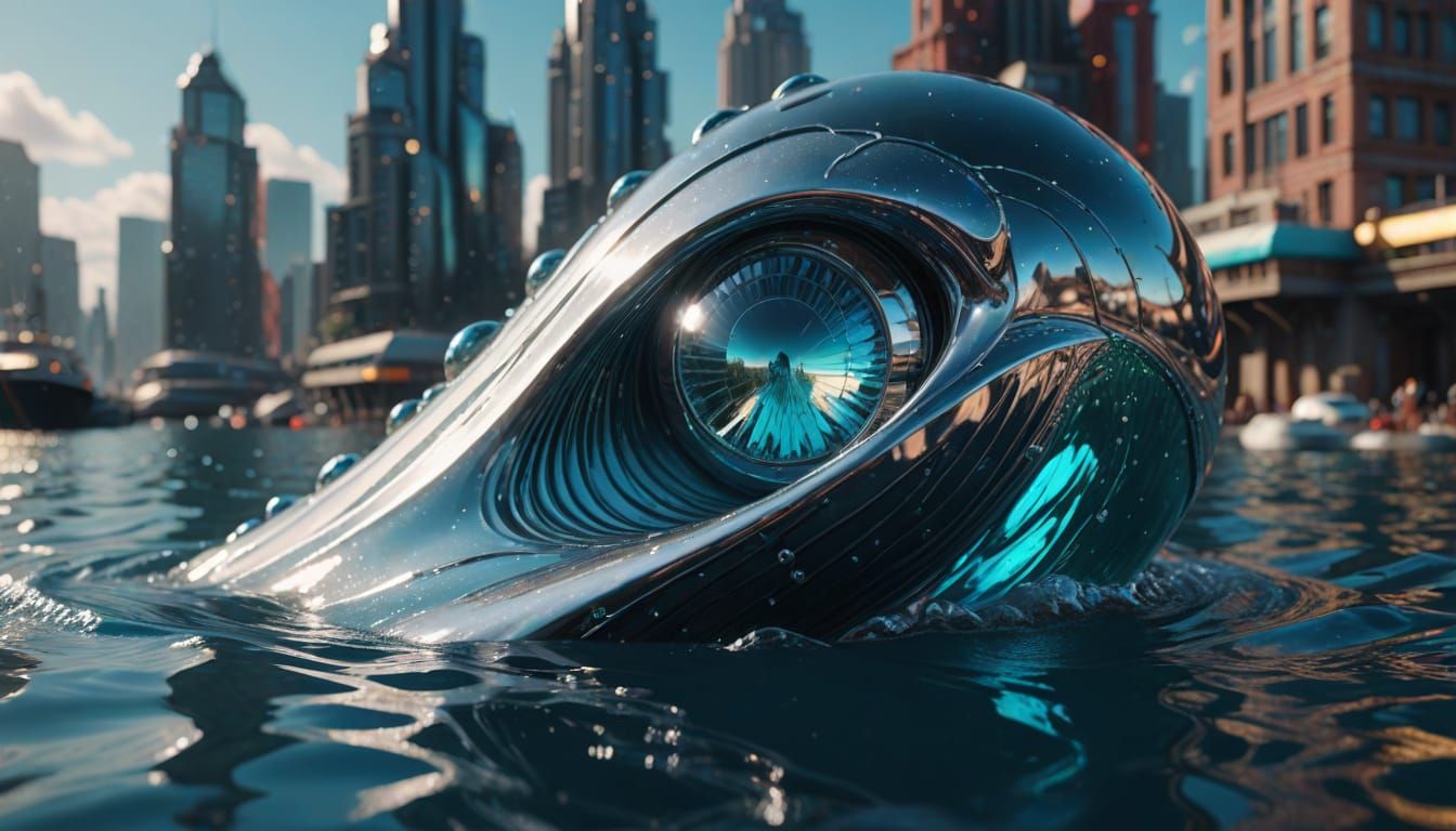 Futuristic Mermaid Tear Reflects Underwater City