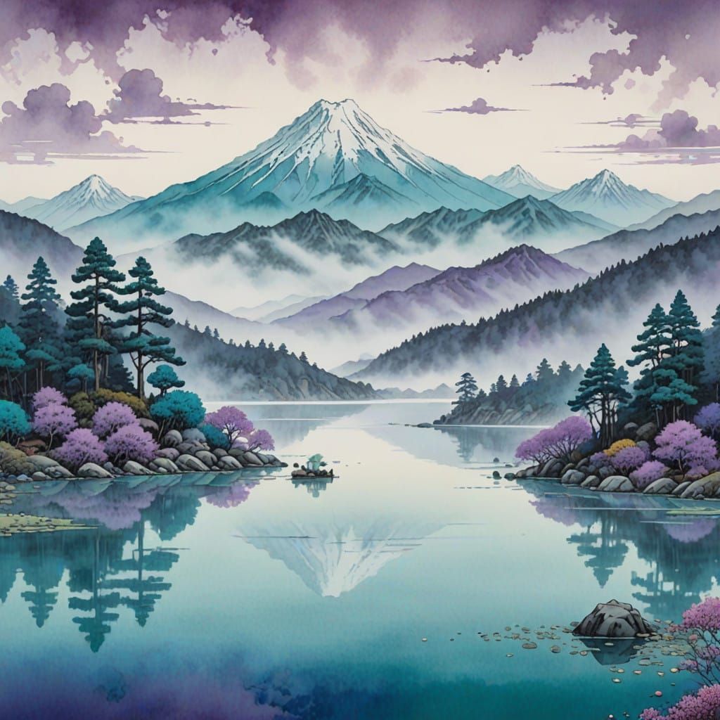 Ethereal Teal and Purple Landscape with Misty Mountains