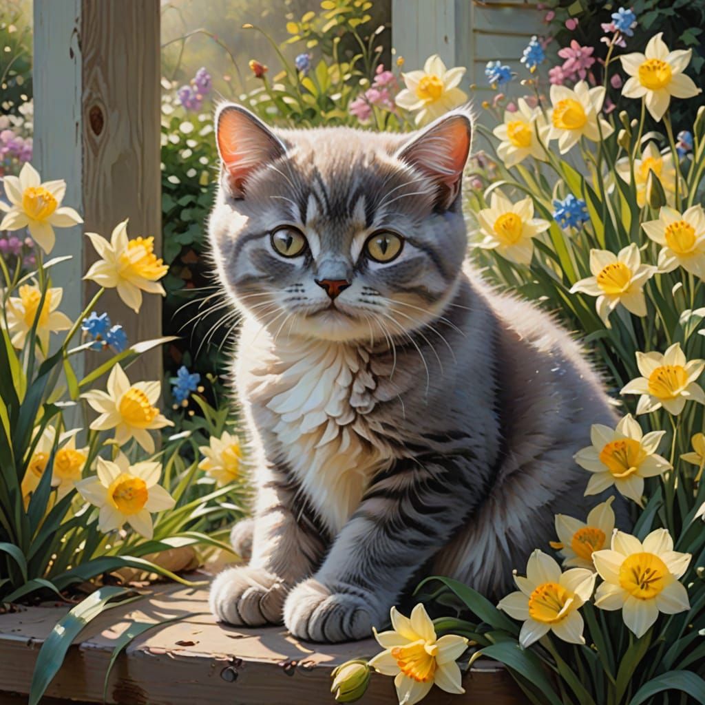 Whimsical Impressionist Garden Scene with Kitten