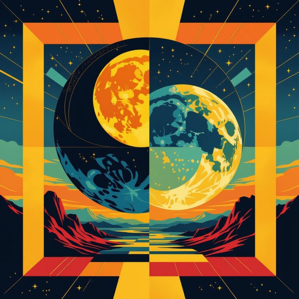 Vibrant Sun and Moon in Geometric Bauhaus Style
