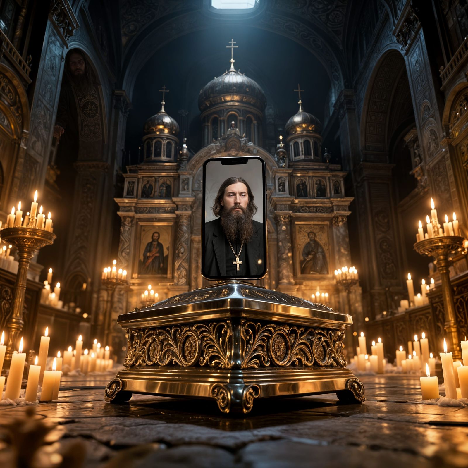 Rasputin with Smartphone in Church, Sci-Fi Style