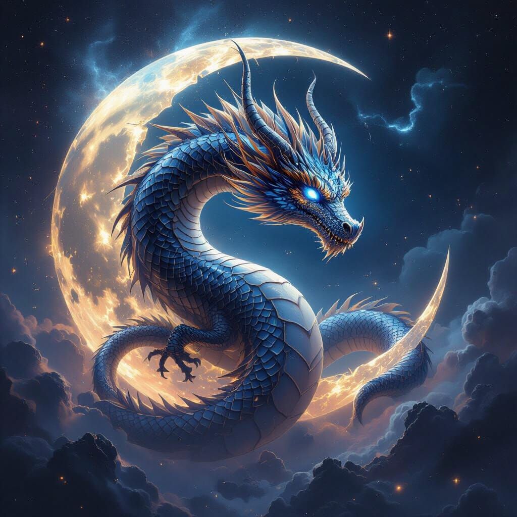 Celestial Dragon Coils Around Shattered Moon in Cosmic Fanta...