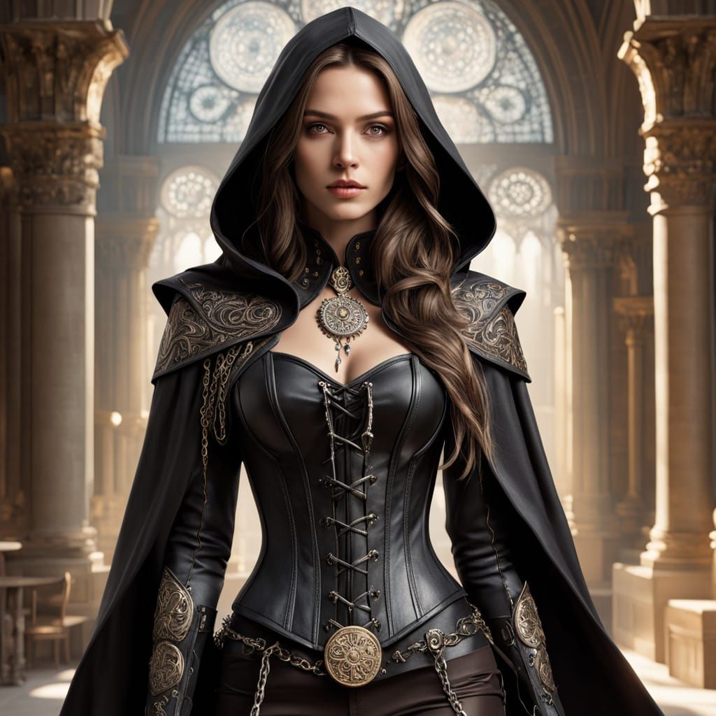 Striking Woman in Leather Corset in Fantasy Art