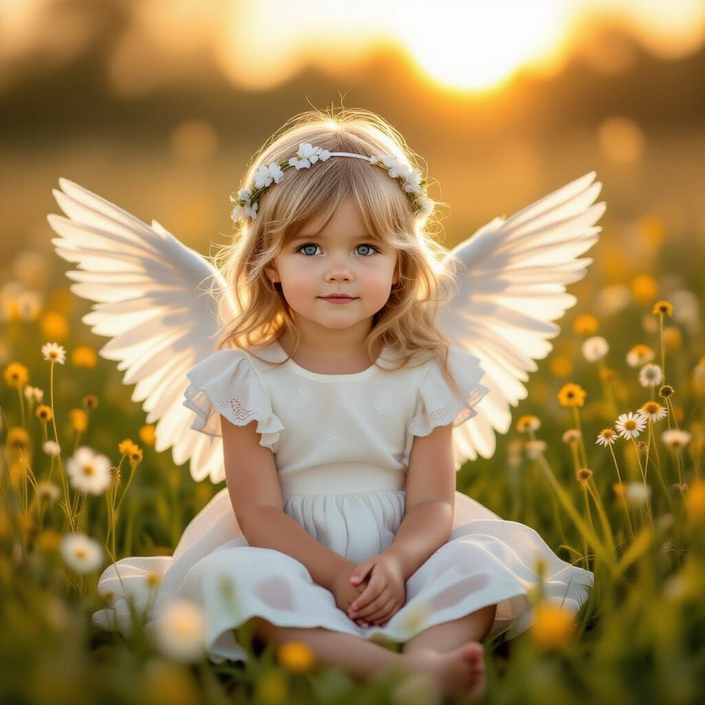 Angel Girl in Wildflower Field at Golden Hour
