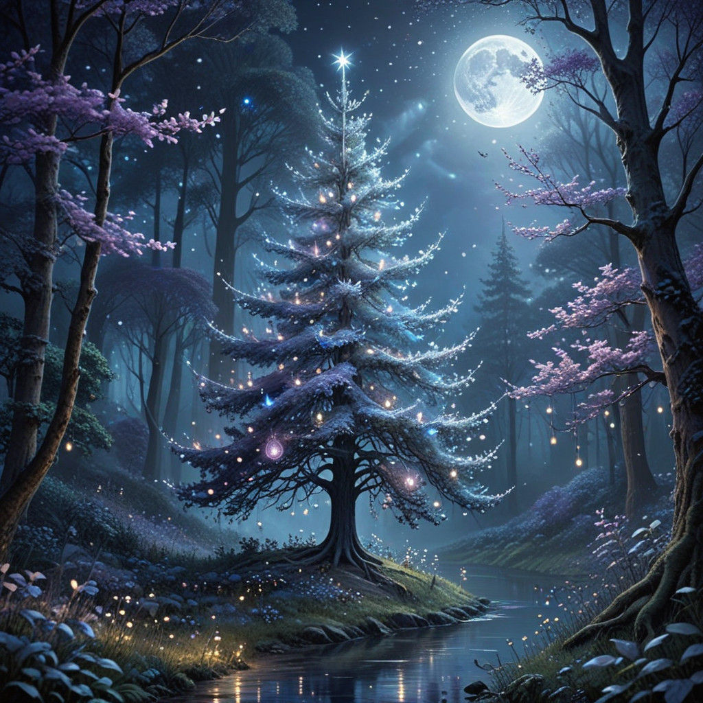 Ethereal Christmas Tree in Whimsical Fantasy Landscape