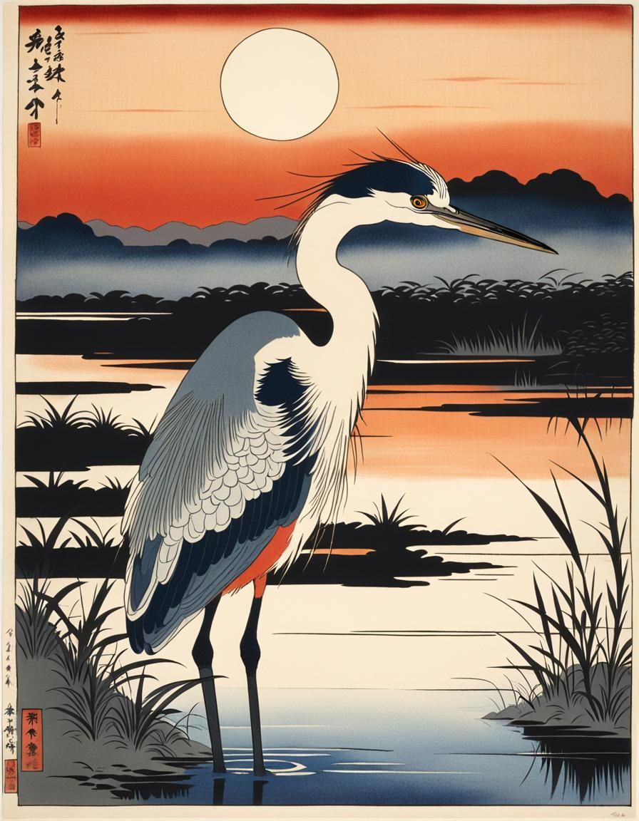 Heron at Sunset: An Ukiyo-e Impression
