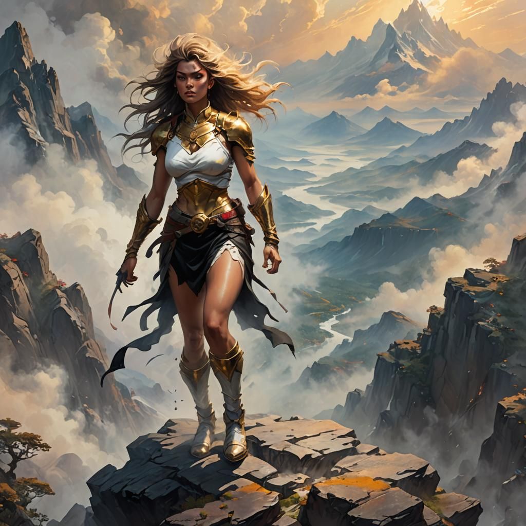 Fantasy Warrior on Misty Peak in Frazetta Style