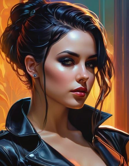 Goth Girl in Leather Outfit, Photorealistic Pulp Style