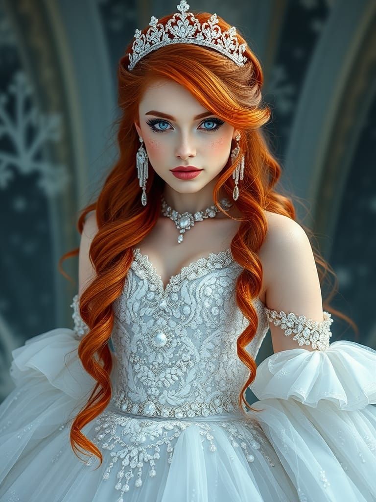 Hyperrealistic Portrait of Red-Haired Woman in White Gown