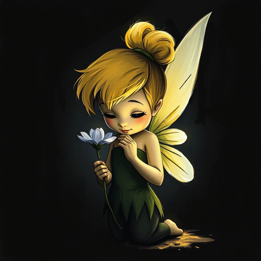 Tinkerbell with Flower in Dark Room, Fantasy Art