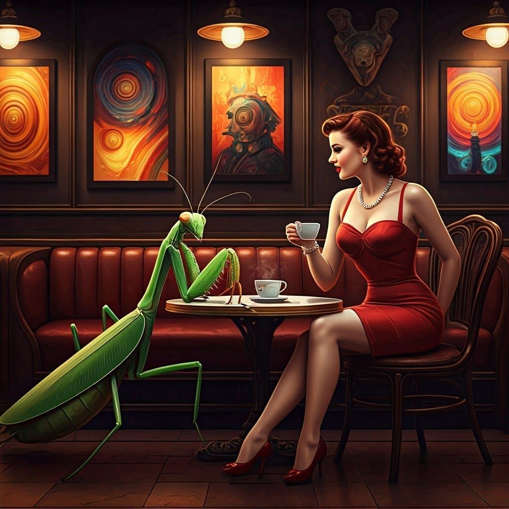 Vintage Goddess Meets Mantis in Night Cafe Oasis