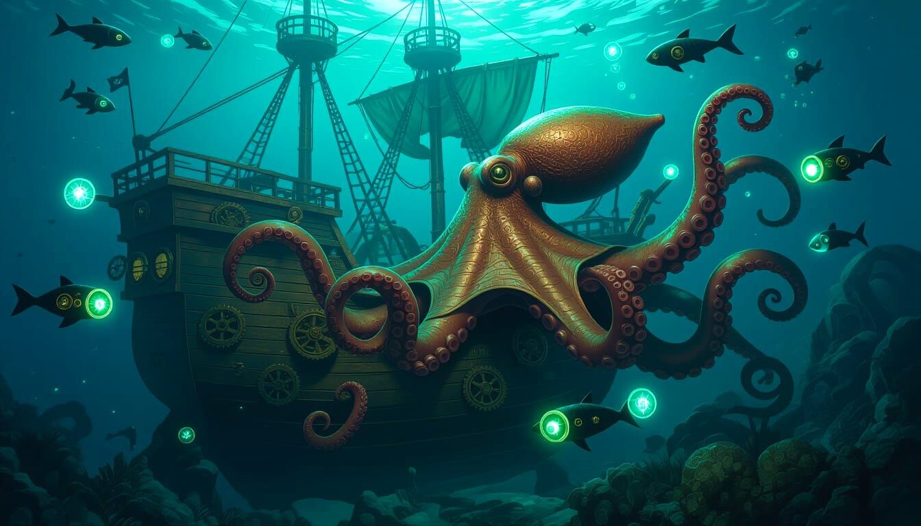 Steampunk Octopus Pirate on Sunken Galleon