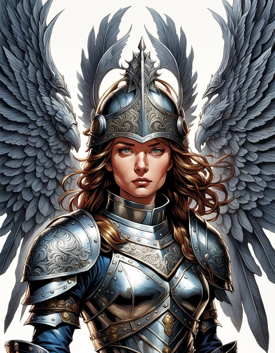 (hyper realistic) (perfect) (smooth) female knight of the realm wearing very detailed intricate armor and ornate winged ...
