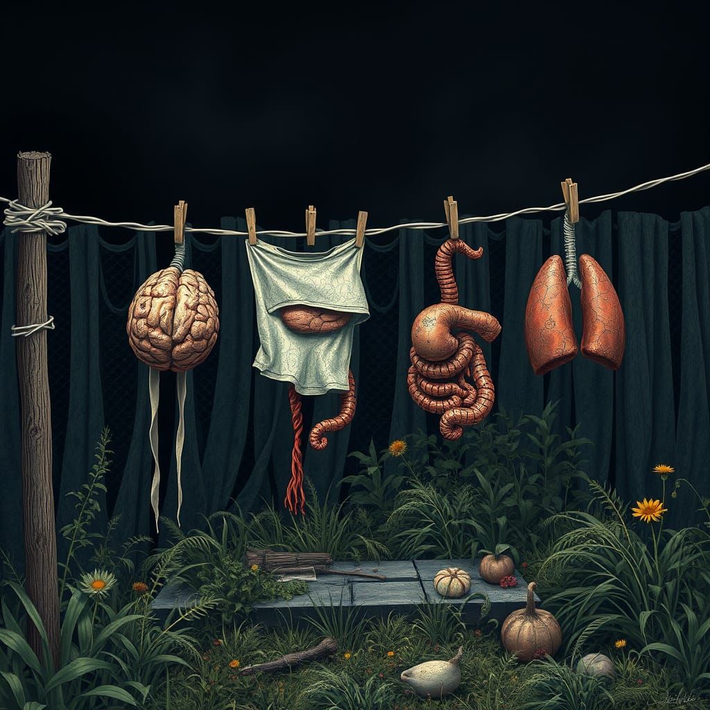 Eerie Surrealism: Organs Drying in Neglected Garden