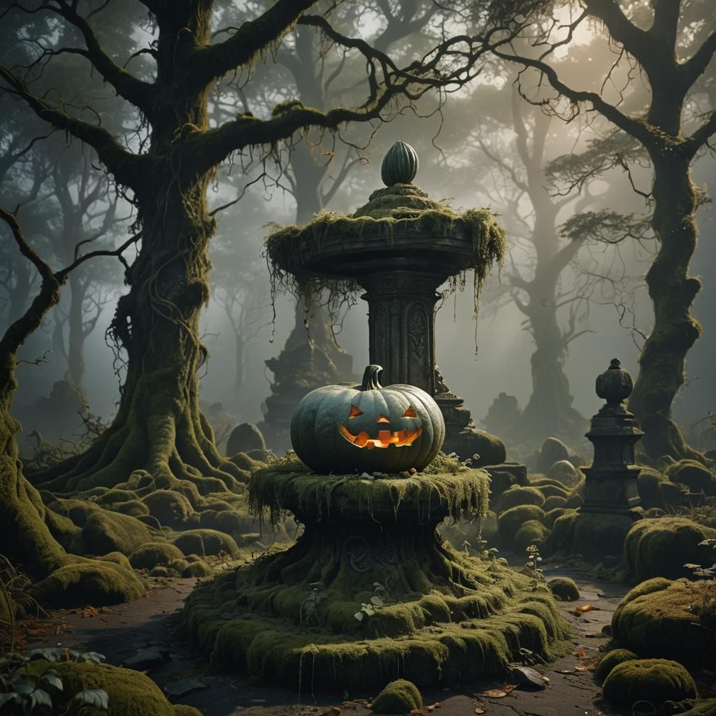 Lace Pumpkin in Mystical Forest: Digital Matte Painting