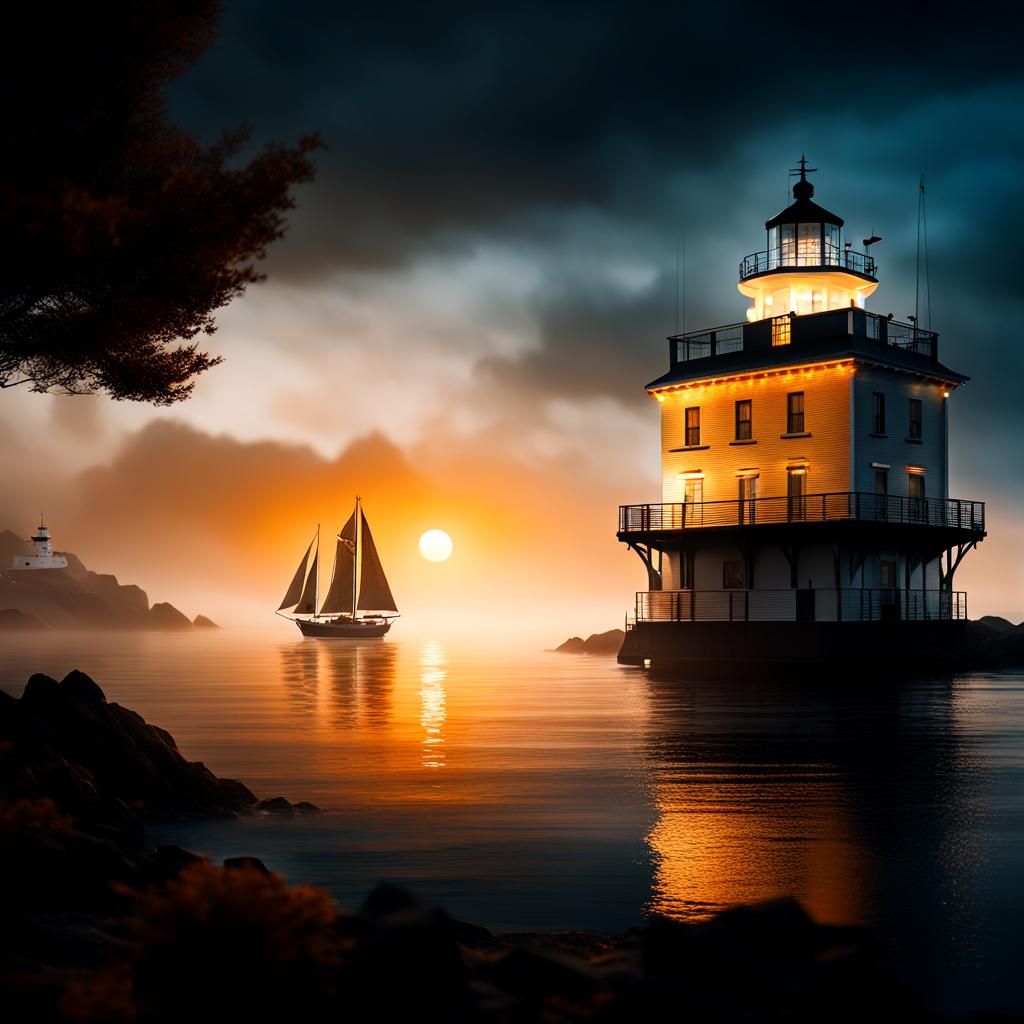 Galleon Sailing on Foggy Sea with Lighthouse