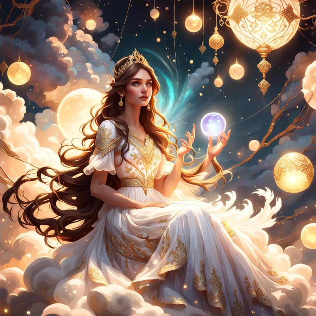 Girl on Cloud Holding Light, Art Nouveau Style