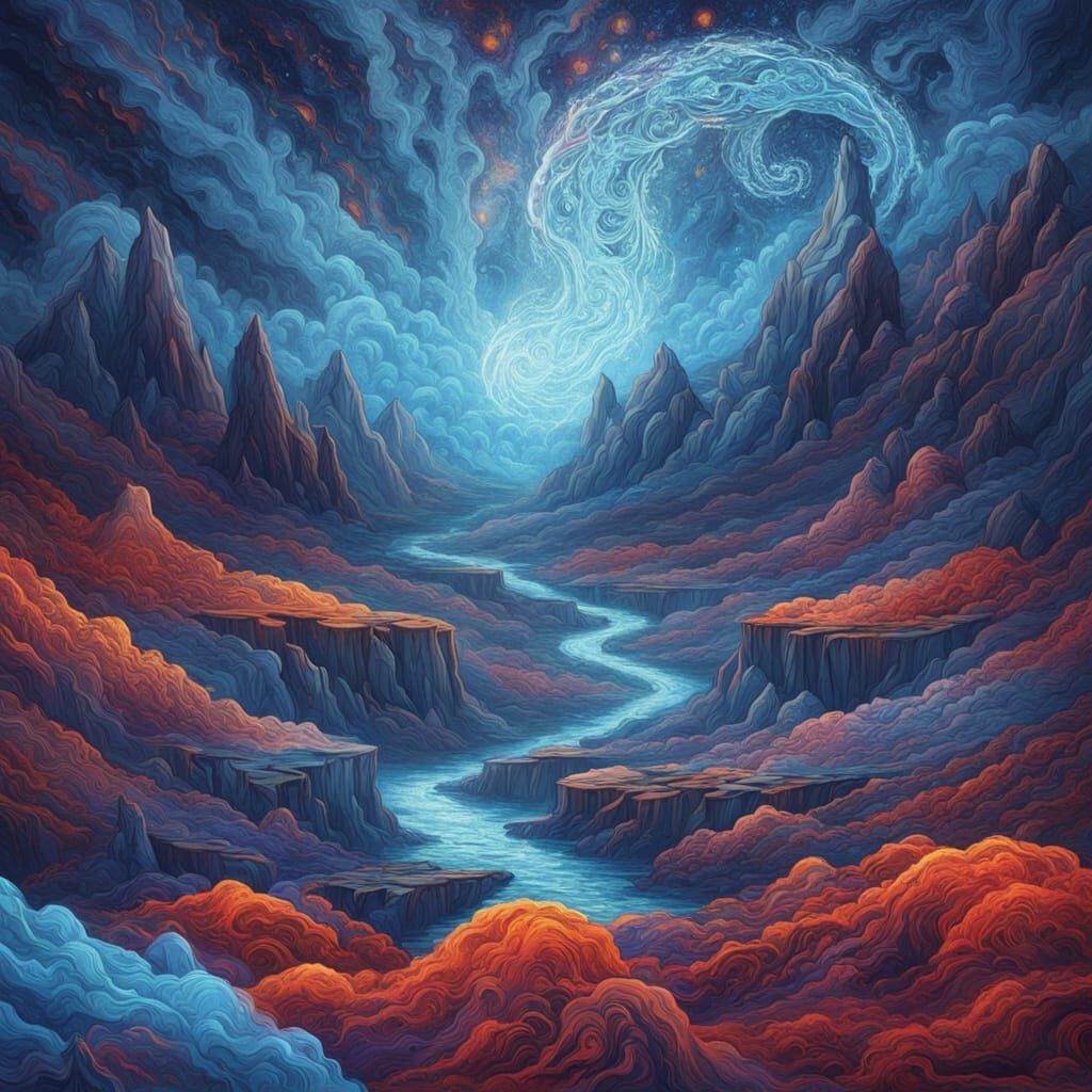 Cosmic Blood Trail Through Ethereal Landscape