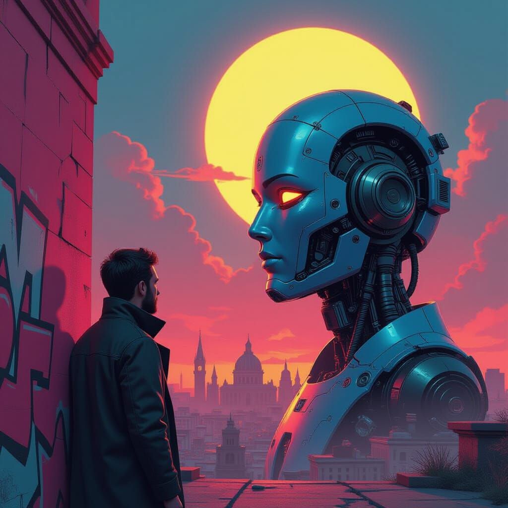 Man Faces Giant Android Head in Laika Style