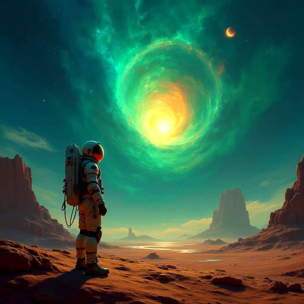 Astronaut Gazes at Bioluminescent Nebula, Digital Art