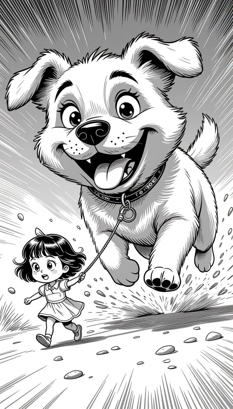 Chibi Girl Walked By Goofy Dog in Action Line Drawing