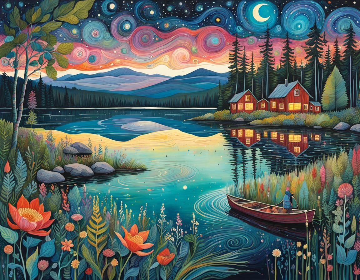 Swedish Lake Midsummer Night Art Brut Illustration