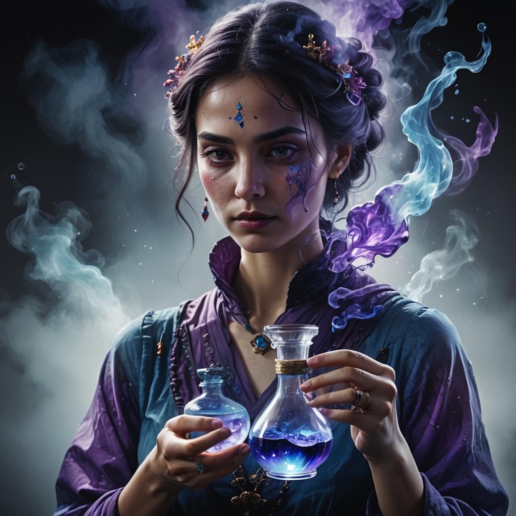 Mystical Lady with Potions in Double Exposure