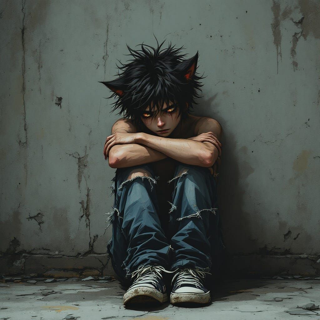 Melancholic Neko Catboy in Somber Urban Landscape