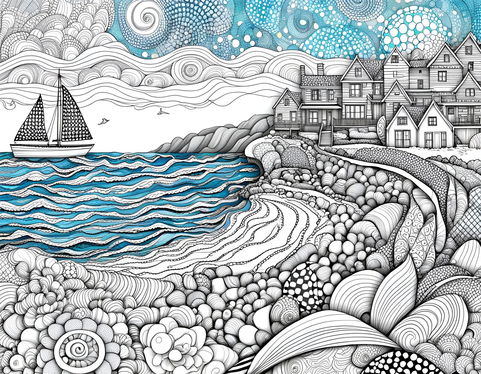 Zentangle Beach Landscape with Contrasting Patterns