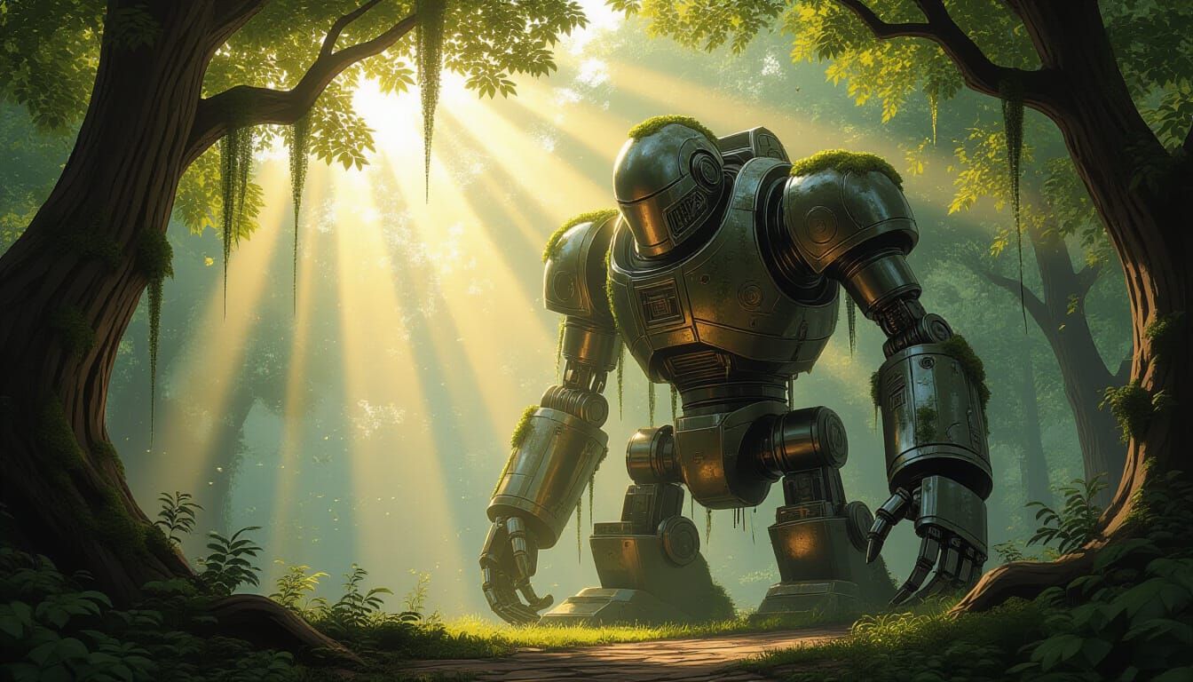 Ancient Automaton in Sun-Dappled Enchanted Forest Clearing