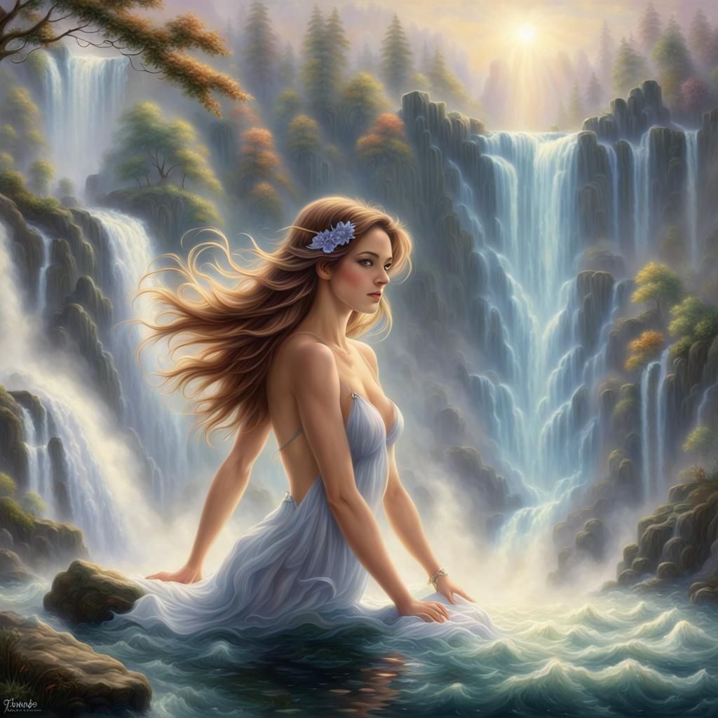 Beautiful Woman with Shining Hair in Waterfall