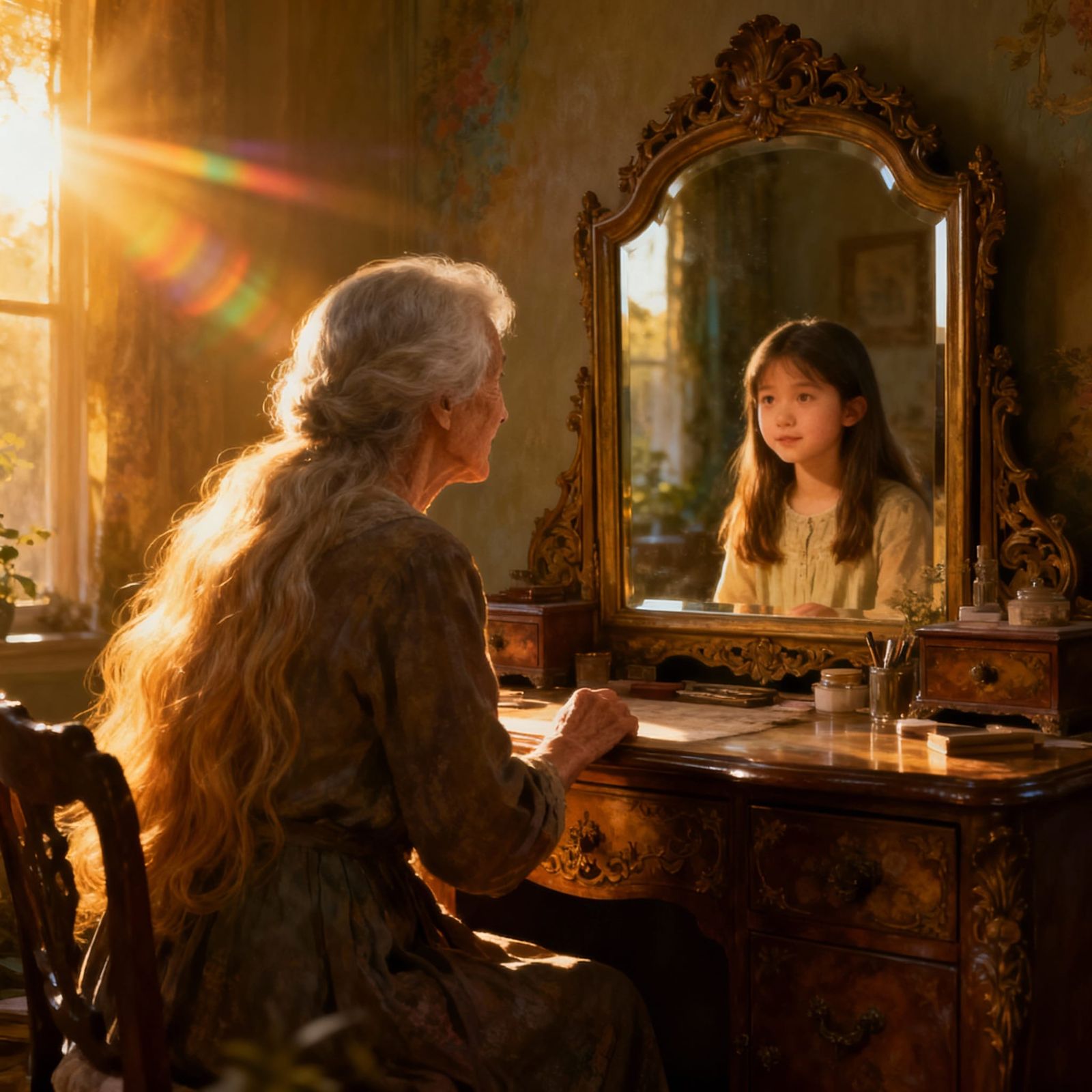 Elderly Woman Sees Youthful Reflection in Golden Hour