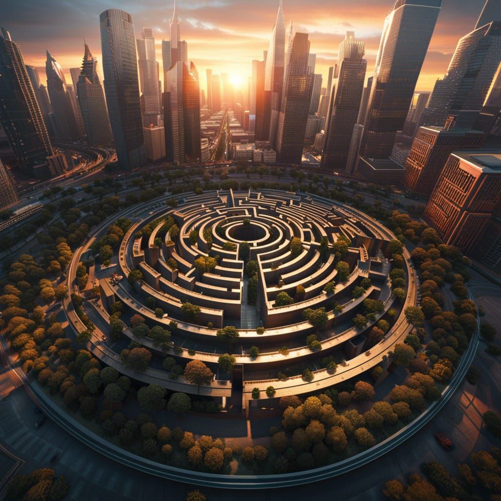 Circular City Maze at Sunset in Surreal Style