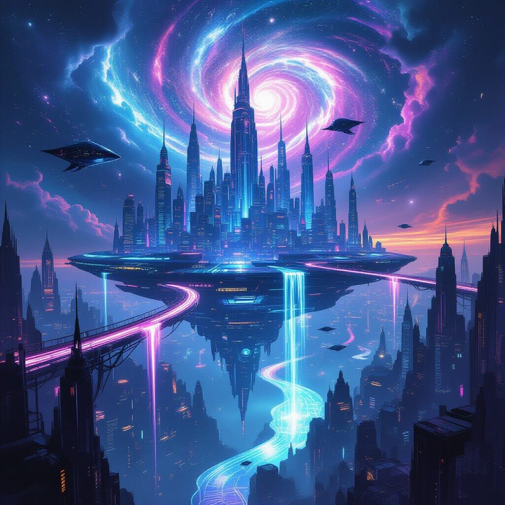 Floating City Orbits Shattered Neon Planet