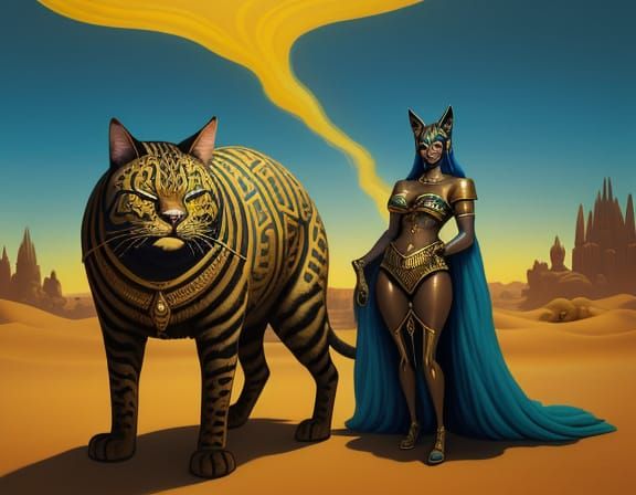 Bastet Rogue in Surreal Desert, Oil Painting Style