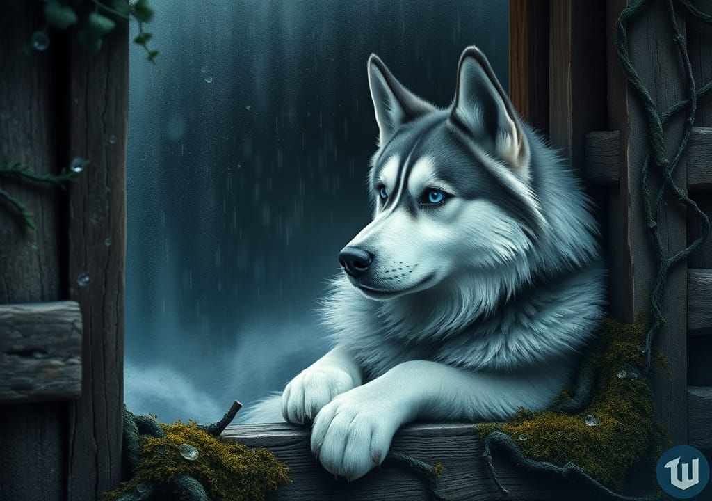 Husky Gazing from Cabin Window in Dreamy Rain