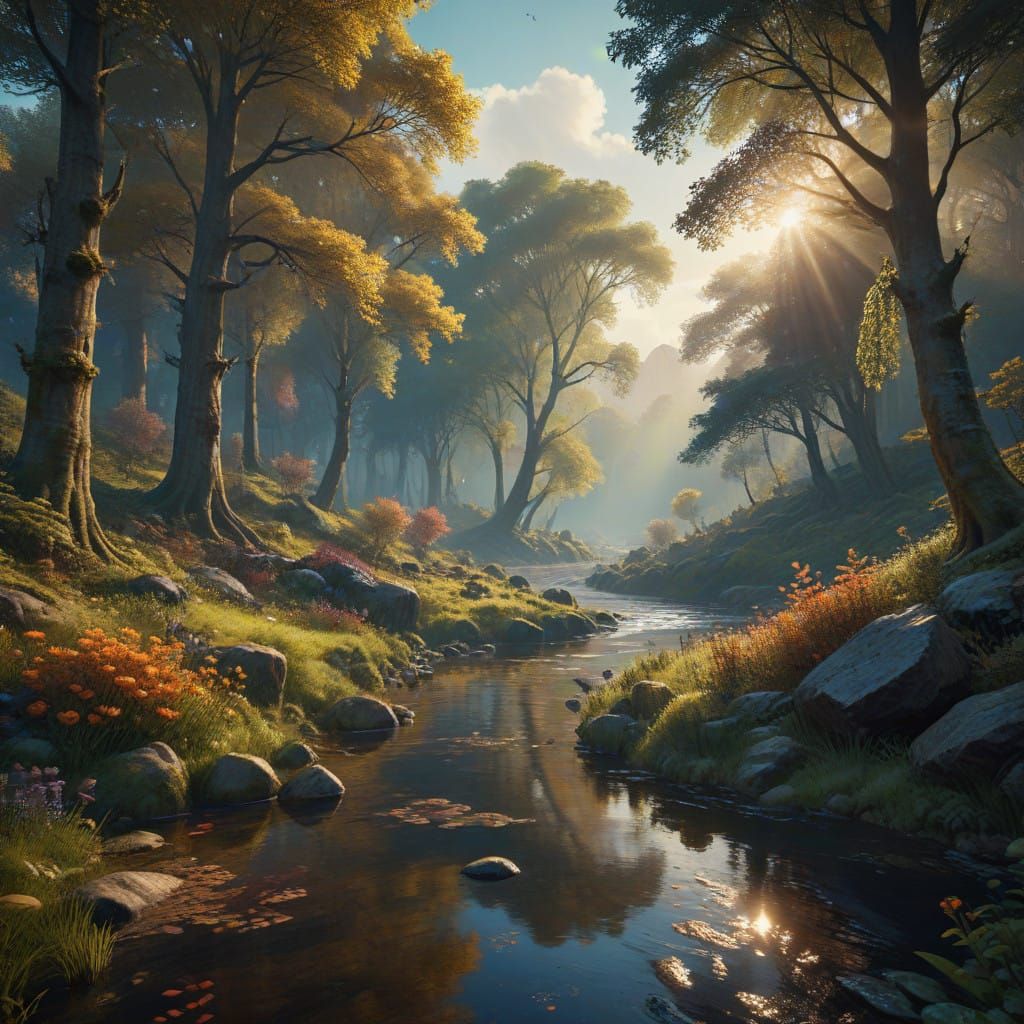 Surreal Forest Landscape with Tranquil River and Golden Ligh...
