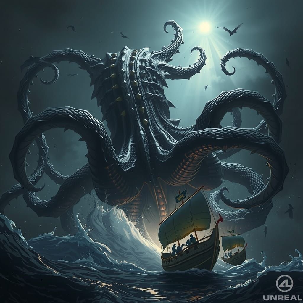 Kraken Sinking Ship: Dark Fantasy Illustration
