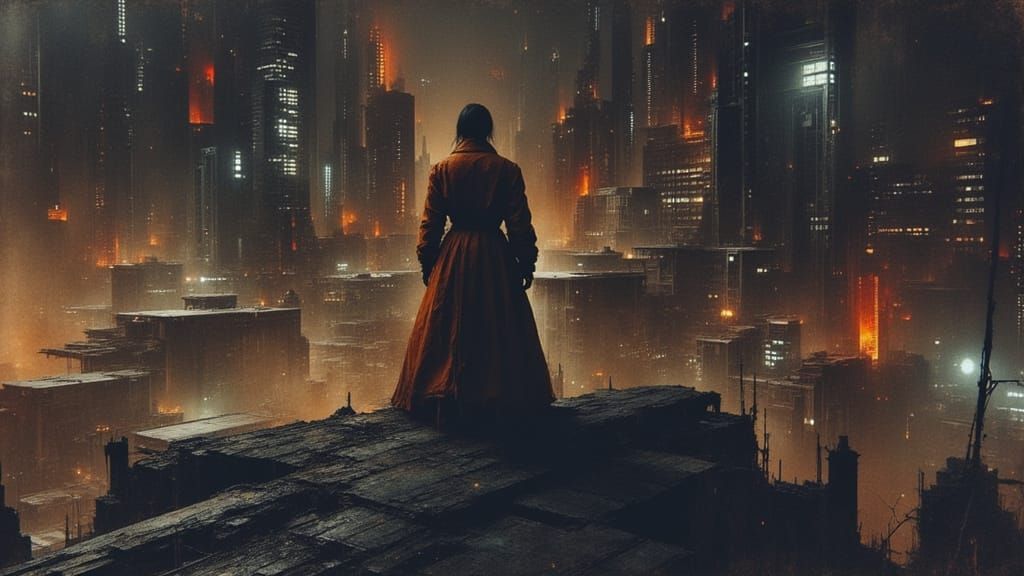 Cyborg Woman in Noir Cityscape, Bladerunner Aesthetic