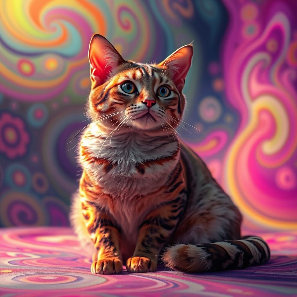 Surrealist Masterpiece: Majestic Satin Cat in Vibrant Dreamw...