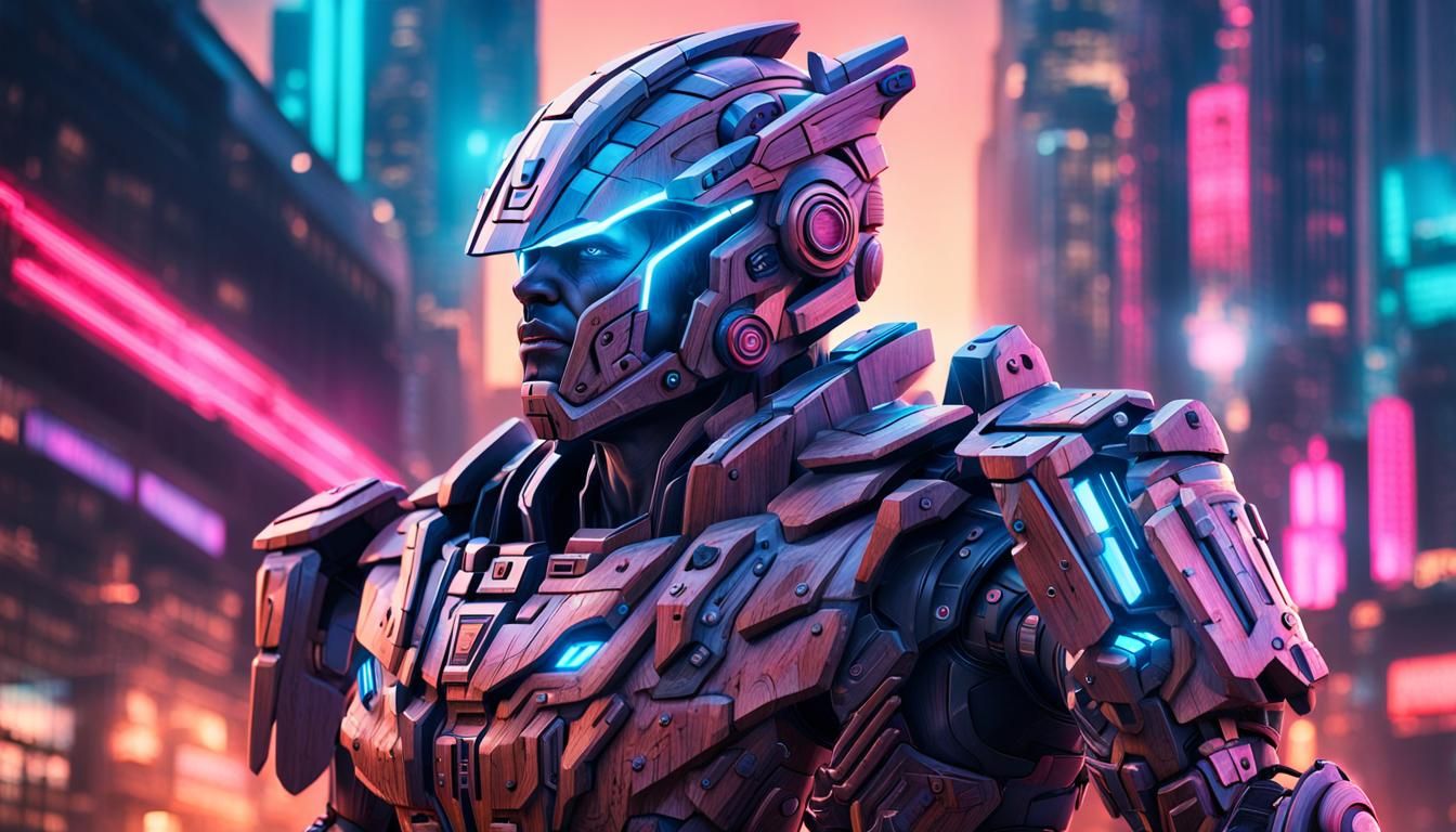 Wooden Warrior Battles Mechs in Neon City