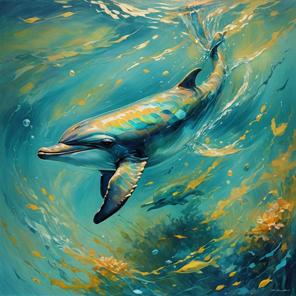 Ein leuchtender Delfin schwimmt anmutig durch fluoreszierend...