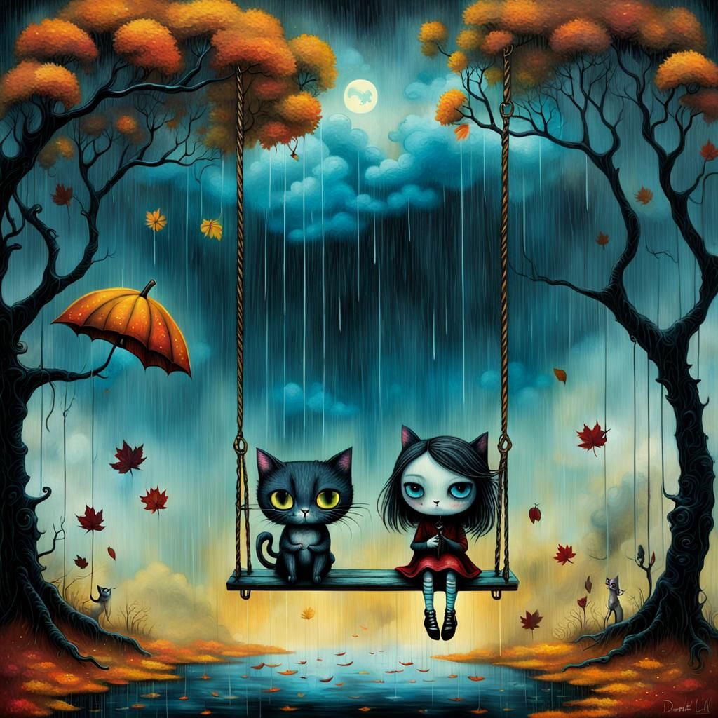 Girl and Kitten on Swing in Surrealist Style