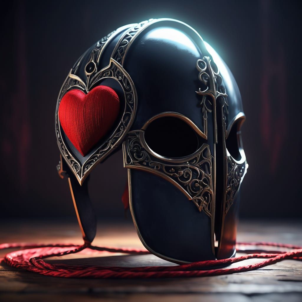 Surreal Knight's Helmet Contains a Vibrant Red Fabric Heart