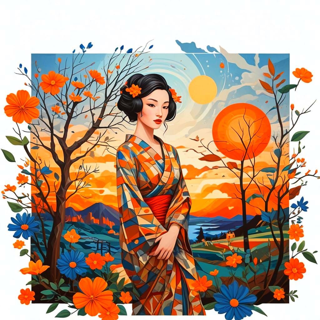 Abstract Geisha Amidst Blossoms at Sunset