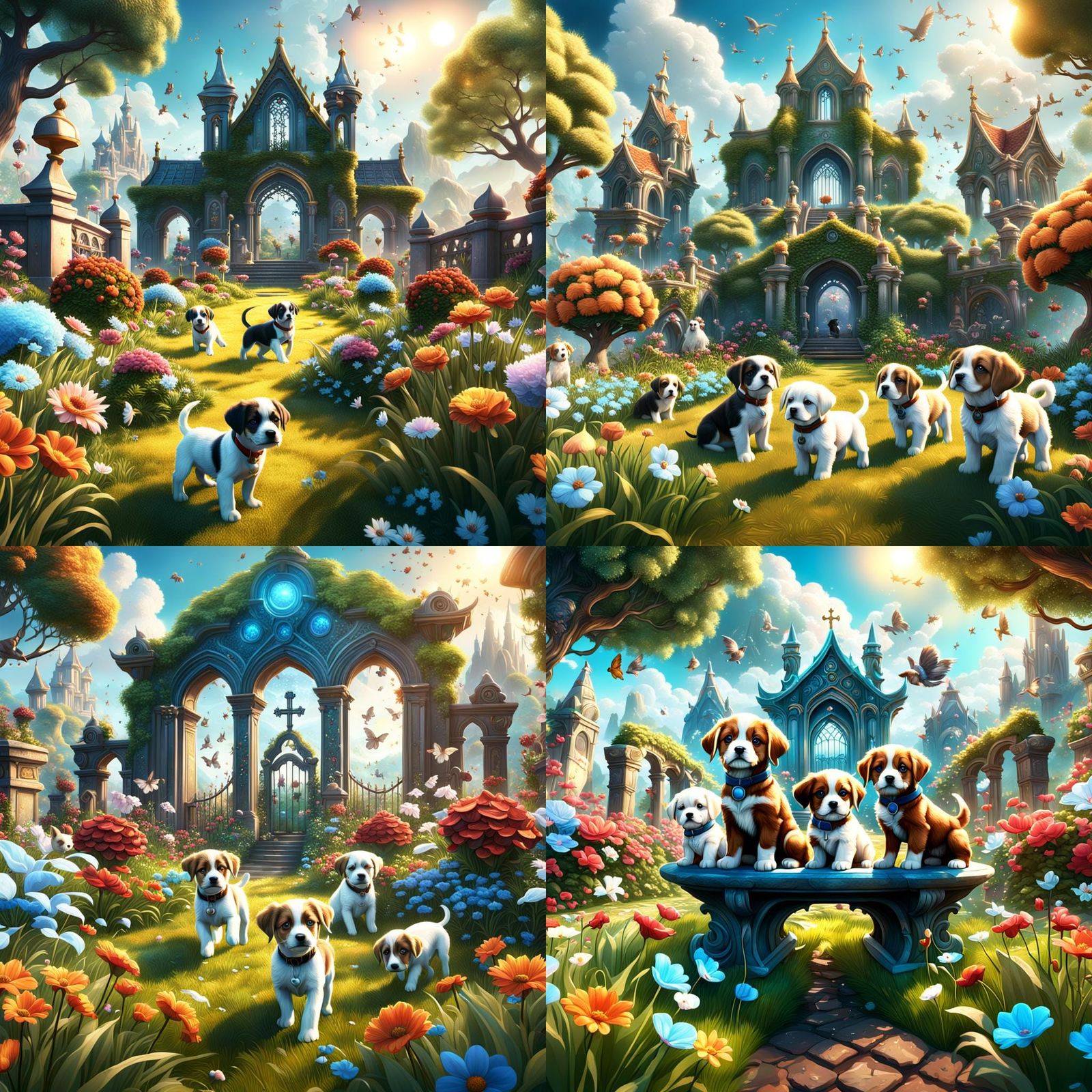 Puppies in a Heavenly Garden: Fantasy Concept Art